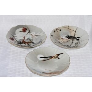 3 - Kutani Japanese Birds Egg Shell Scalloped Porcelain Dessert Plates